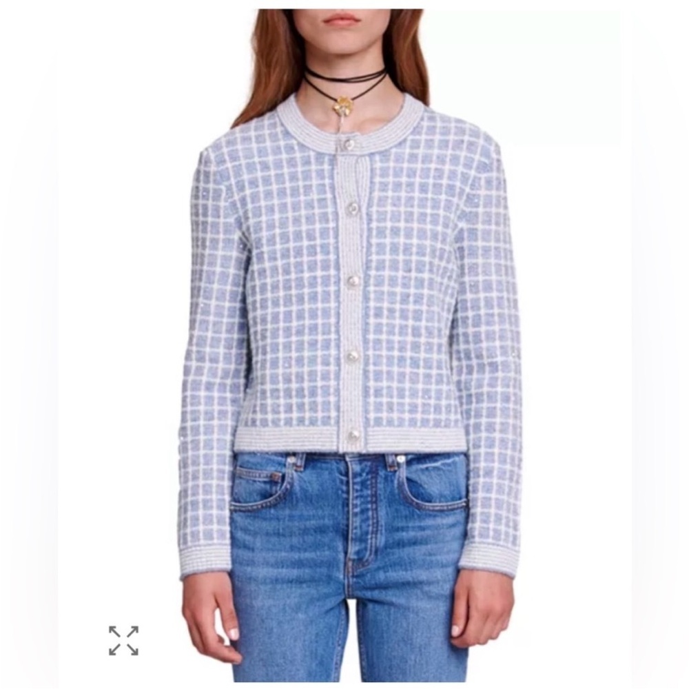 Maje Blue Checkered Sequin Malony Cardigan NWOT